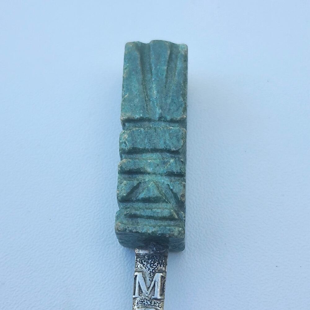 Vintage Mexico Souvenir Spoon Alpaca Silver Jade Handle Aztec Mayan Totem 4in - Picture 4 of 8